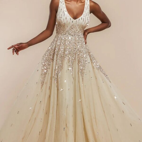 Sunray Hand Embellished Sequin A-Line Sleeveless Maxi Dress - Ivory by Goddiva