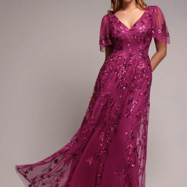 Flared Sleeve Embroidered Maxi Dress - Magenta by Goddiva