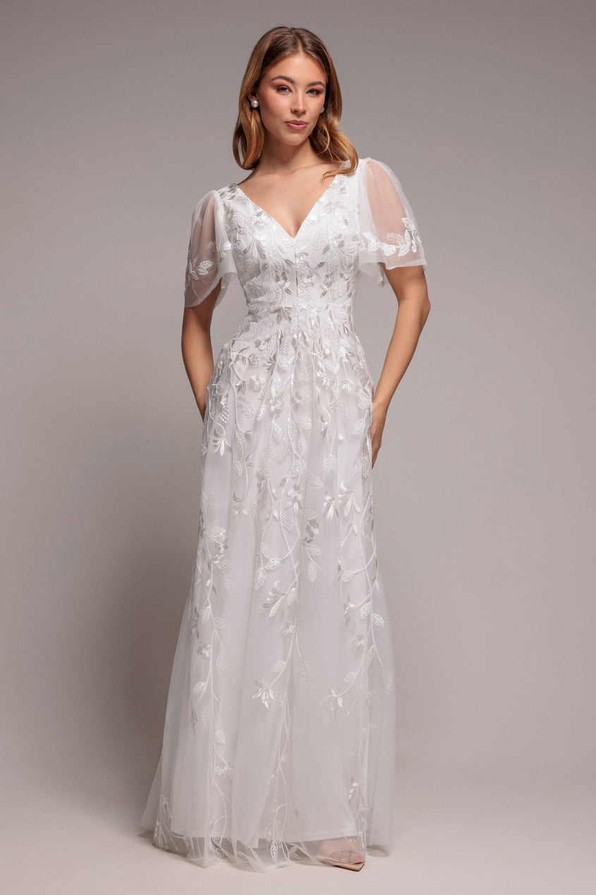 Flared Sleeve Embroidered Maxi Dress - White by Goddiva