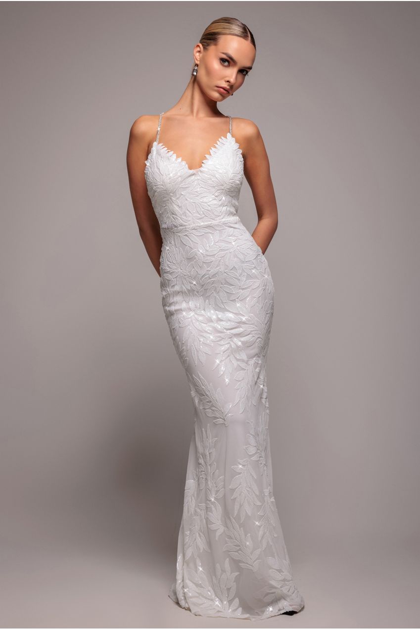 Cross Back Diamante Strap Sequin Maxi - White by Goddiva