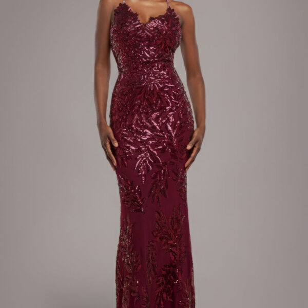 Cross Back Diamante Strap Sequin Maxi - Burgundy by Goddiva