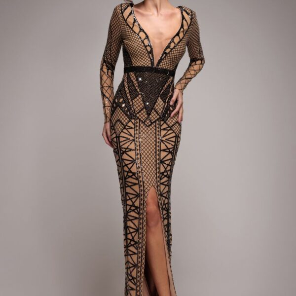 Geometric Sequin Plunge Maxi - Black by Goddiva