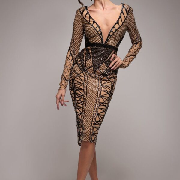 Geometric Sequin Plunge Midi - Black by Goddiva