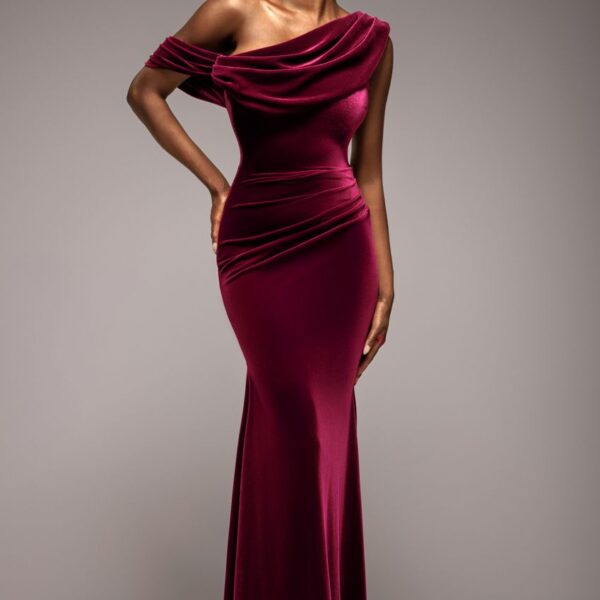 Cowl One Shoulder Velvet Maxi Dress - Burgundy Red by Goddiva