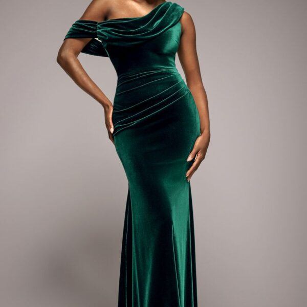 Cowl One Shoulder Velvet Maxi Dress - Emerald Green by Goddiva