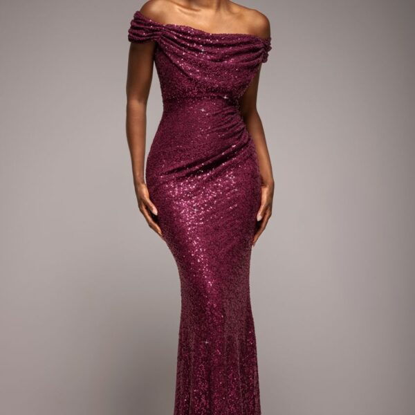 Cap Sleeve Iridescent Sequin Cowl Maxi Dress - Burgundy Red by Goddiva