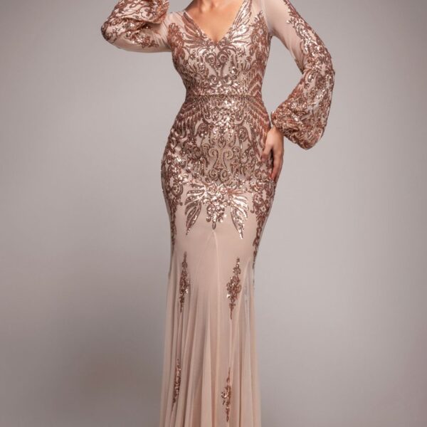 Embellished Sequin Bishop Sleeve Maxi Dress - Champagne by Goddiva