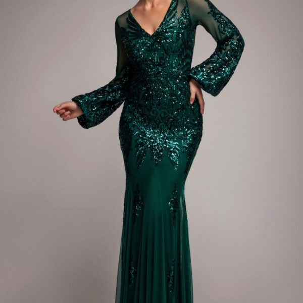 Embellished Sequin Bishop Sleeve Maxi Dress - Emerald Green by Goddiva