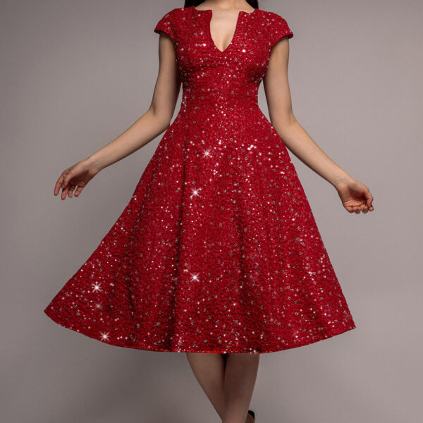 Bead Embellished Jacquard A Line Midi Dress - Red by Goddiva