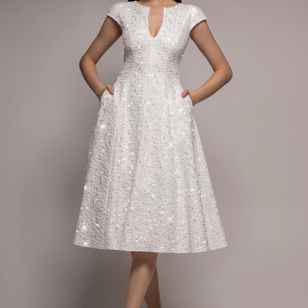Bead Embellished Jacquard A Line Midi Dress - White by Goddiva