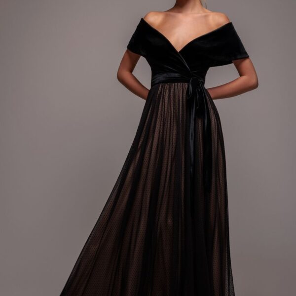 Velvet Bardot Dobby Mesh A Line Maxi Dress - Black by Goddiva