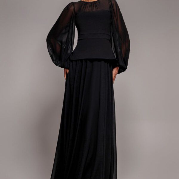Bishop Sleeve Peplum Top Scuba Crepe And Chiffon Maxi Dress - Black by Goddiva