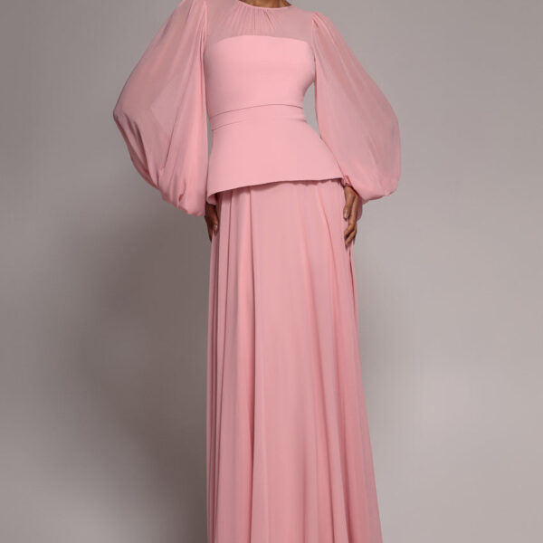 Bishop Sleeve Peplum Top Scuba Crepe And Chiffon Maxi Dress - Blush Pink by Goddiva
