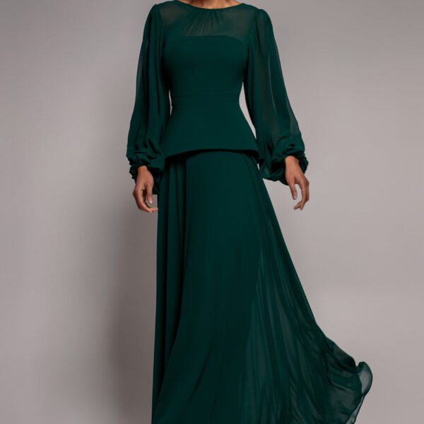Bishop Sleeve Peplum Top Scuba Crepe And Chiffon Maxi Dress - Emerald Green by Goddiva