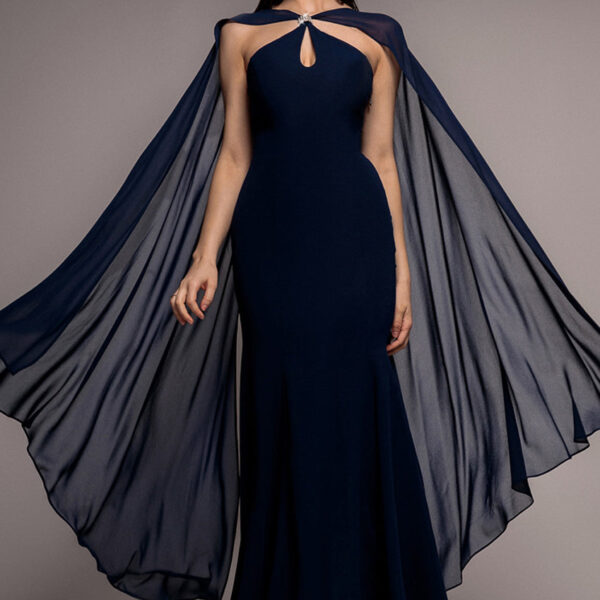 Multiway Cape Chiffon With Embellished Trim Maxi Dress - Navy Blue by Goddiva