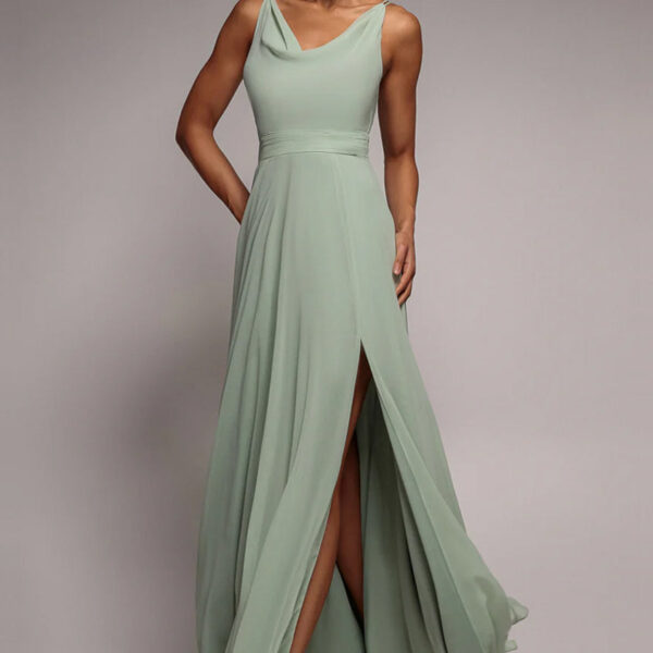 Chiffon Cowl Twisted Rope Strap Lace-up Flared Maxi Dress - Sage Green by Goddiva