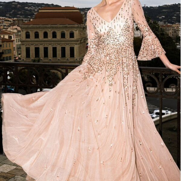 Sunray Hand Embellished Sequin A-Line Bell Sleeve Maxi Dress - Champagne by Goddiva