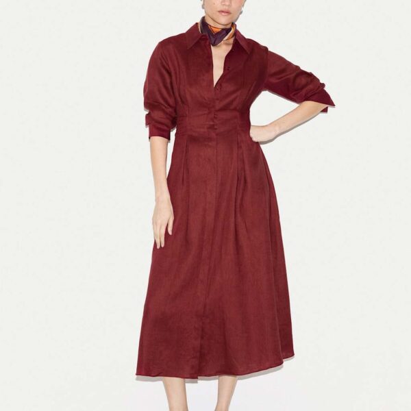 Jigsaw Pure Linen Pleat Front Midi Shirt Dress Red