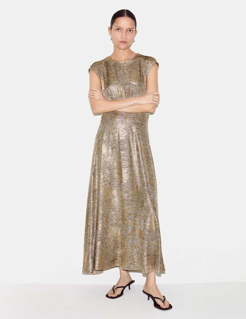 Jigsaw Sparkly Round Neck Midaxi Waisted Dress Gold Mix