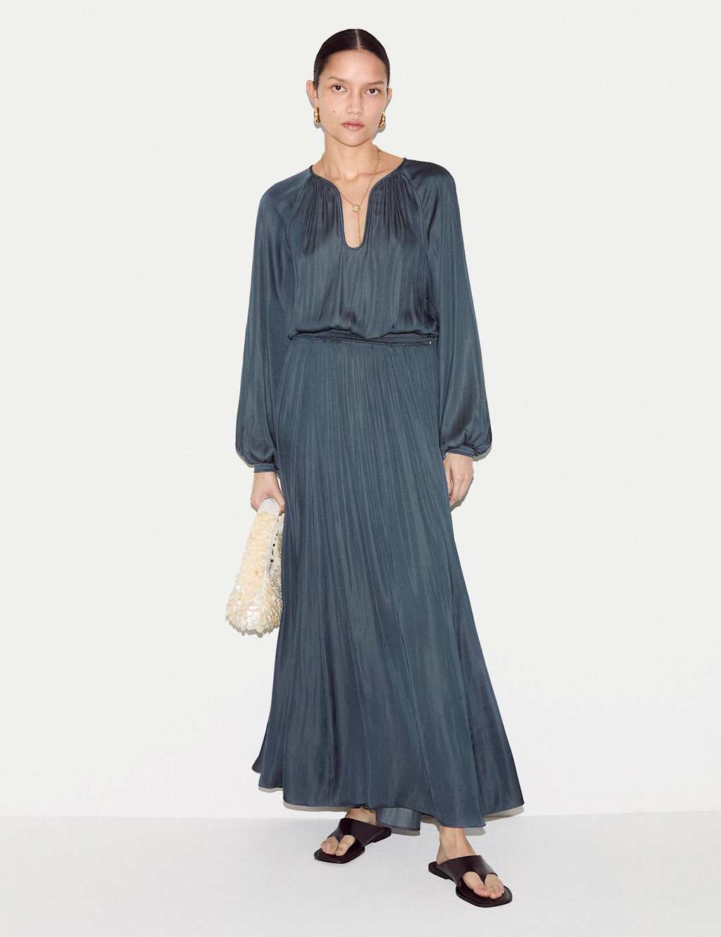 Jigsaw Satin U-Neck Midaxi Relaxed Waisted Dress Medium Blue