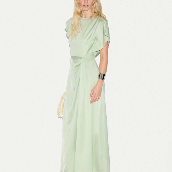 Jigsaw Satin Cap Sleeve Midaxi Waisted Dress Light Green