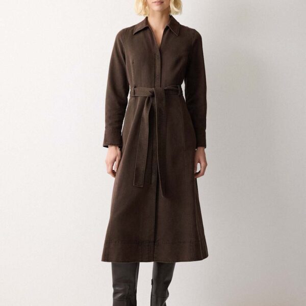 Jigsaw Denim Tie Waist Midi Shirt Dress Brown