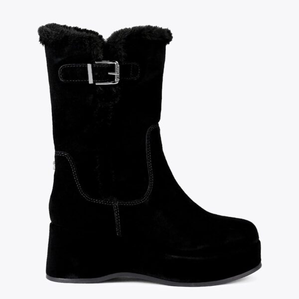 Carvela Suede Faux Fur Trim Flatform Mid Calf Boots Black