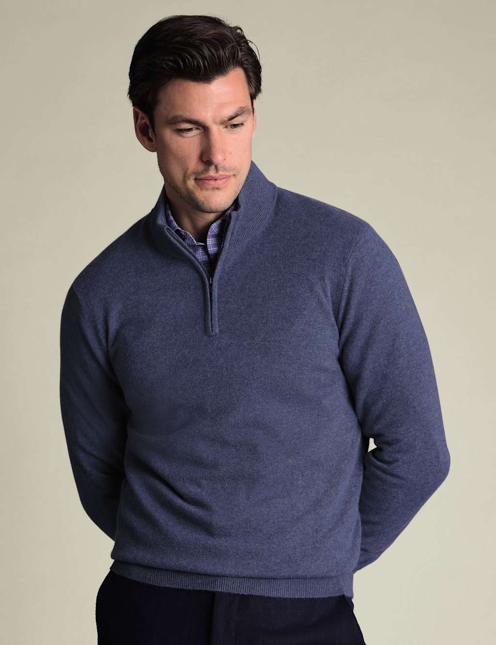 Charles Tyrwhitt Pure Cashmere Half Zip Jumper Blue Denim