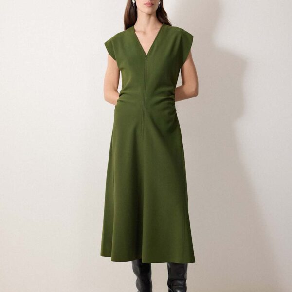 Jigsaw Crepe V-Neck Midi Skater Dress Green