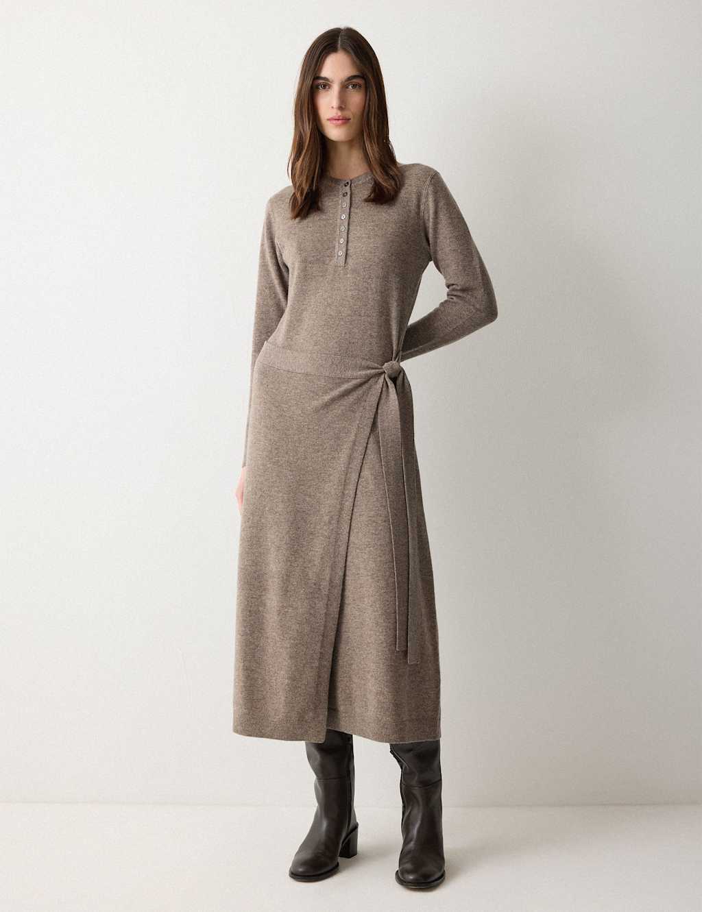 Jigsaw Merino Wool Blend Midi Wrap Dress Taupe