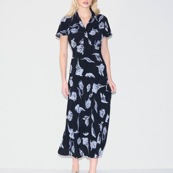 Jigsaw Floral Button Front Midi Waisted Dress Navy Mix