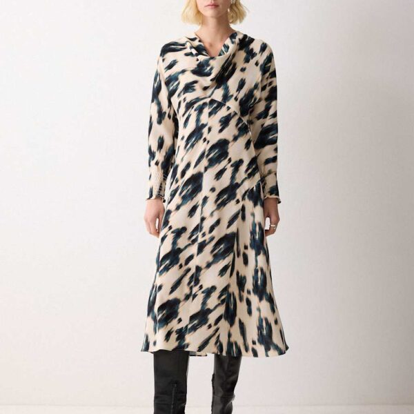 Jigsaw Printed Cowl Neck Midi Waisted Dress Cream Mix