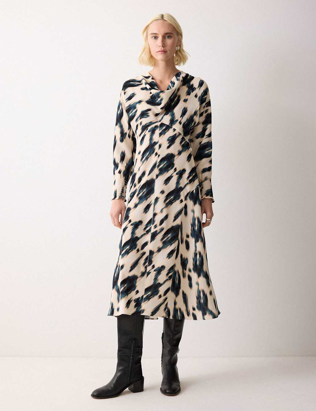 Jigsaw Printed Cowl Neck Midi Waisted Dress Cream Mix