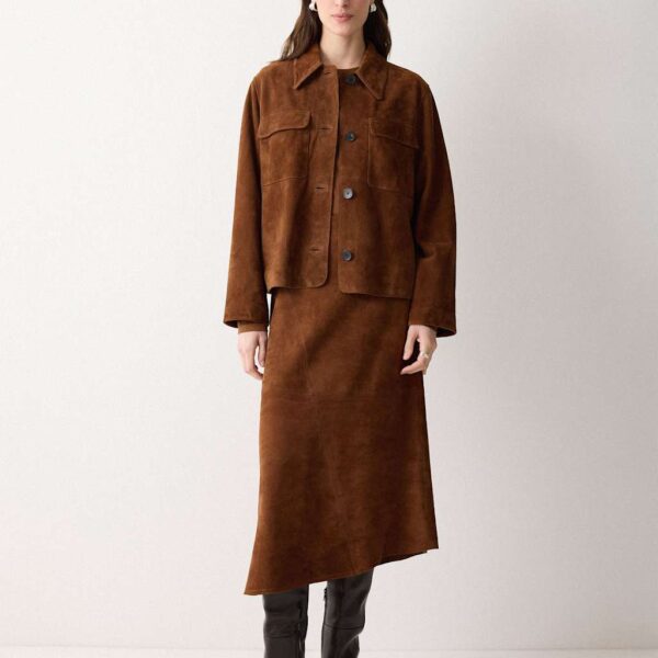 Jigsaw Suede Asymmetric Midi A-Line Skirt Tan
