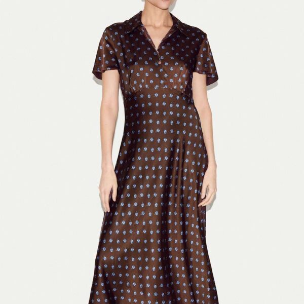 Jigsaw Satin Floral Collared Midi Shirt Dress Burgundy Mix