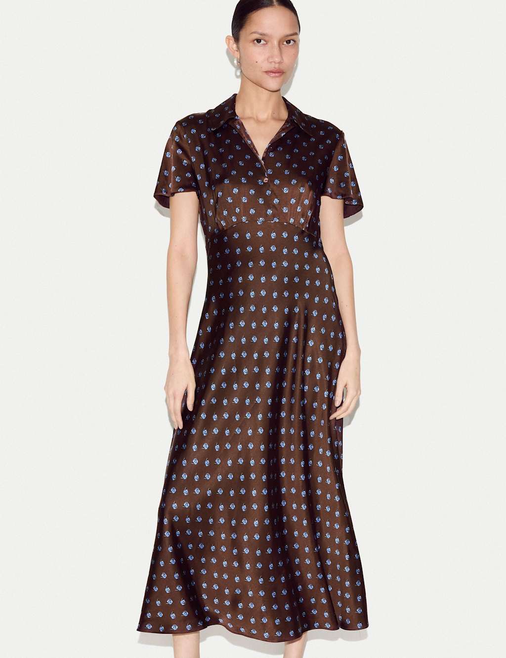 Jigsaw Satin Floral Collared Midi Shirt Dress Burgundy Mix