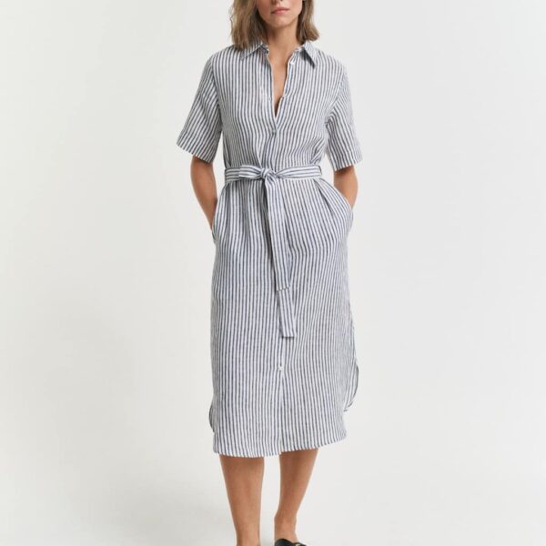 GANT Pure Linen Striped Knee Length Shirt Dress Navy Mix