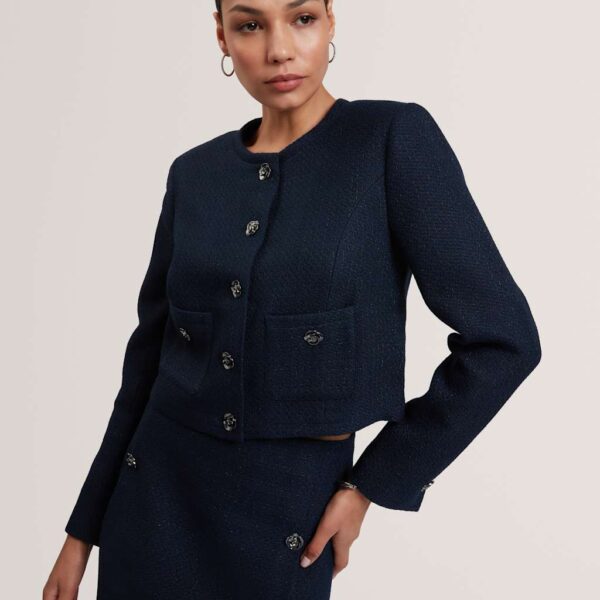 Ted Baker Bouclé Collarless Cropped Tailored Jacket Navy