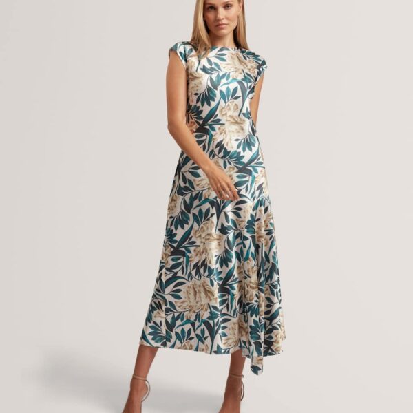 Ted Baker Satin Floral Midi Tea Dress Cream Mix