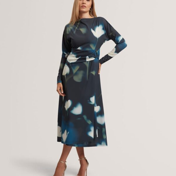 Ted Baker Jersey Floral Slash Neck Midi Wrap Dress Navy Mix