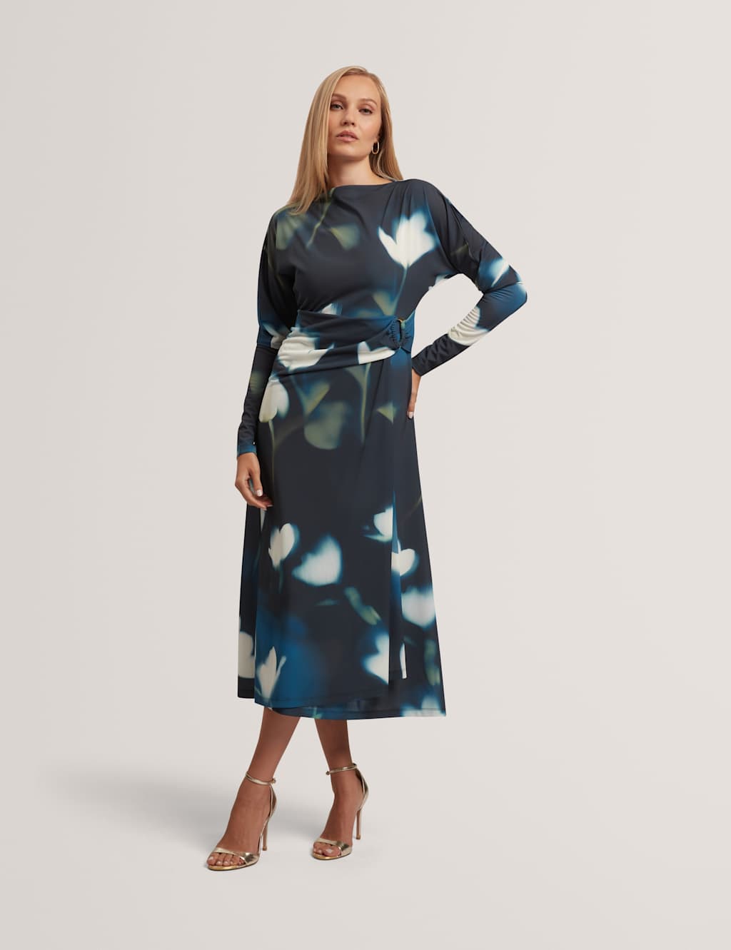 Ted Baker Jersey Floral Slash Neck Midi Wrap Dress Navy Mix