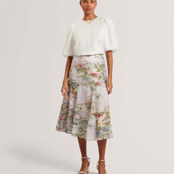Ted Baker Printed Diagonal Seam Midi Slip Skirt Pink