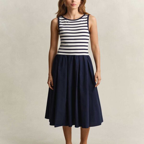 GANT Cotton Modal Striped Crew Neck Skater Dress Navy