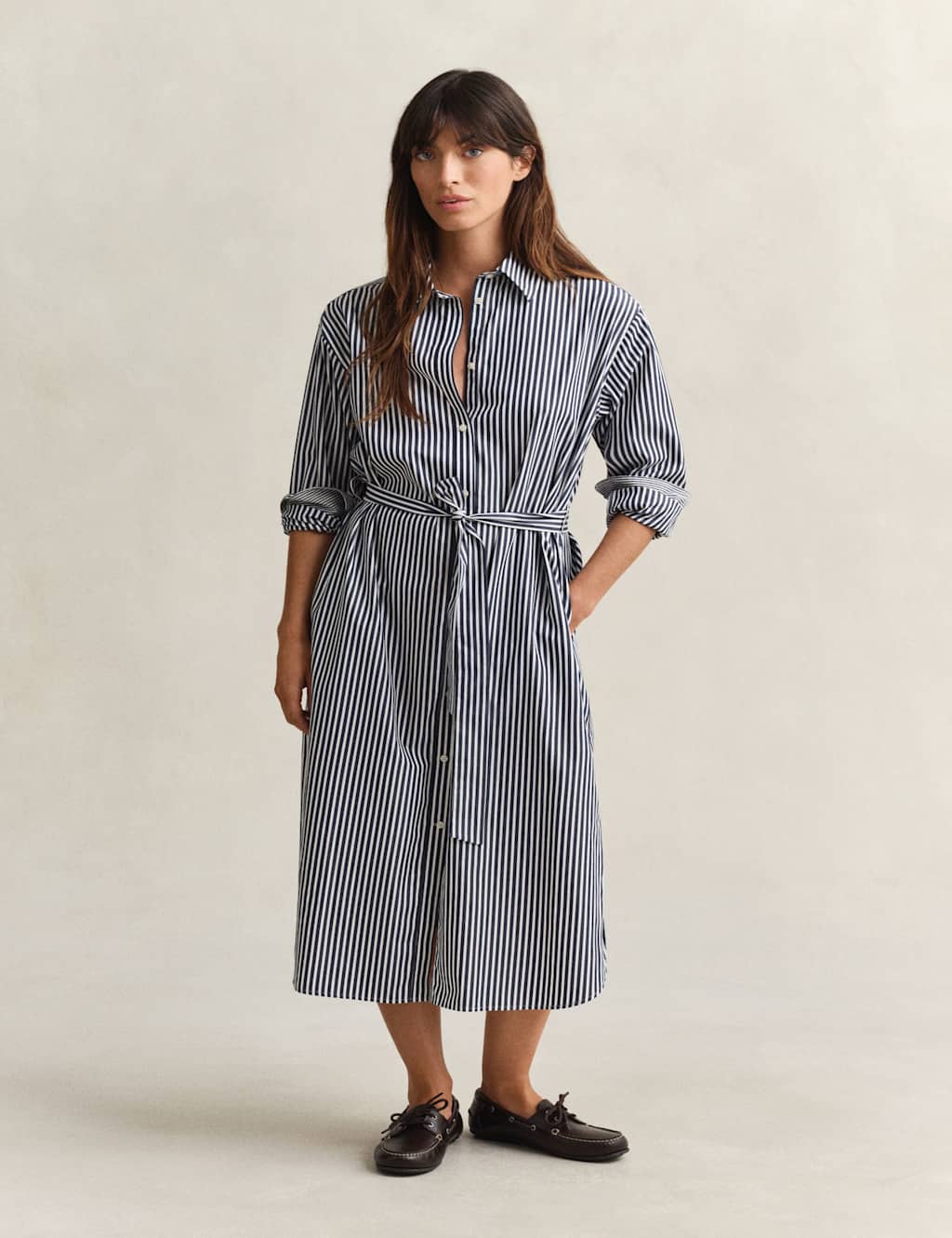 GANT Pure Cotton Poplin Striped Midi Shirt Dress Blue