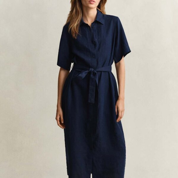 GANT Pure Linen Button Through Midi Shirt Dress Navy