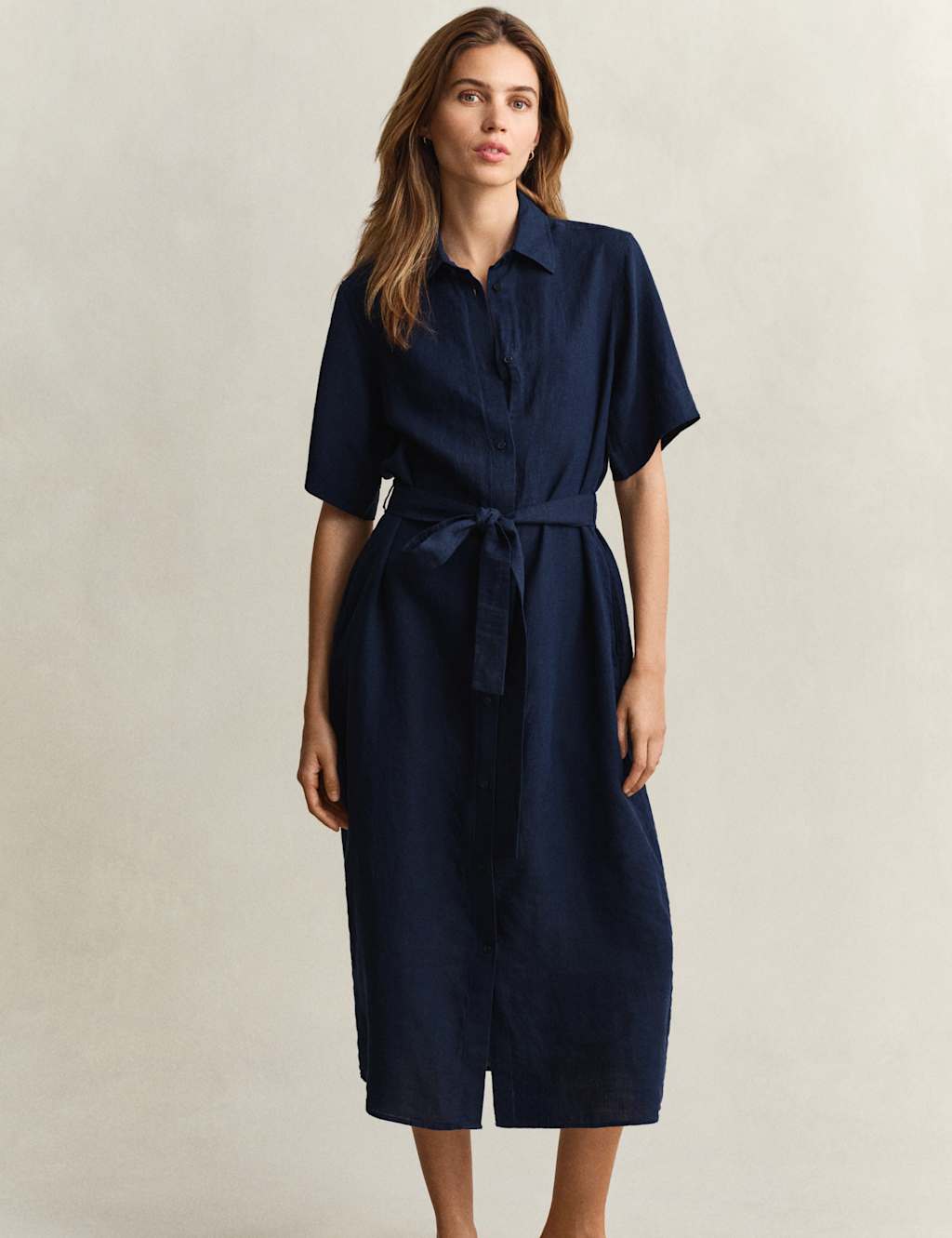 GANT Pure Linen Button Through Midi Shirt Dress Navy