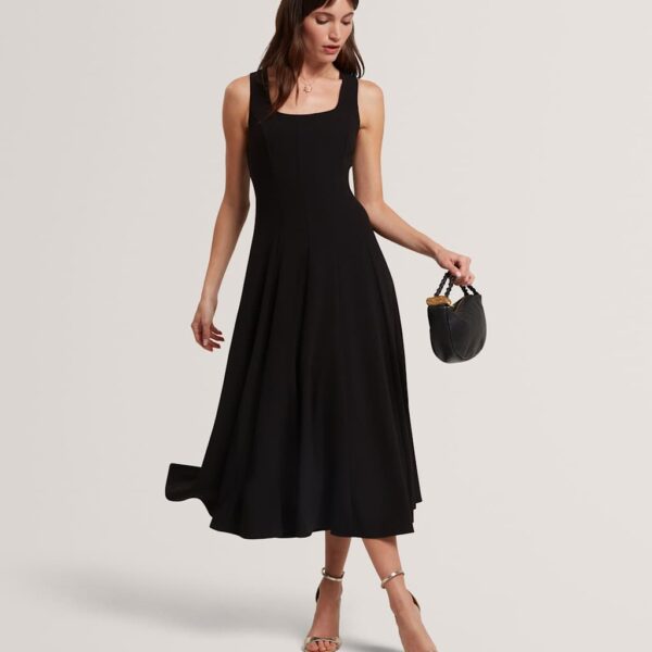 Ted Baker Square Neck Pleated Midi Skater Dress Black
