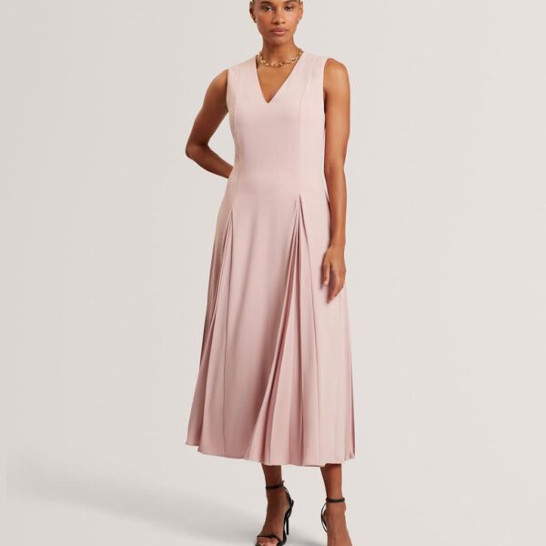 Ted Baker V-Neck Pleat Detail Midi Skater Dress Pink