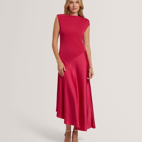 Ted Baker High Neck Satin Asymmetric Skirt Midi Dress Pink