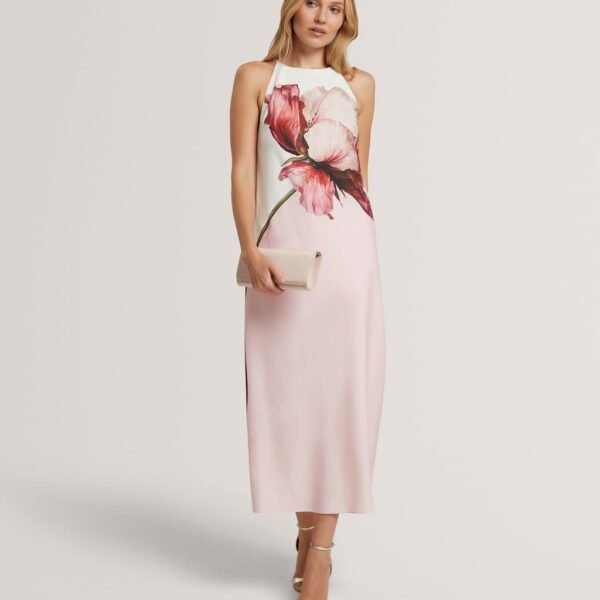 Ted Baker Floral Halter Neck Midi Column Dress Pink